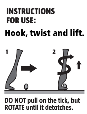 1. Hook the body of the tick. 2. Twist the tool. 3. Lift the tick from the skin.